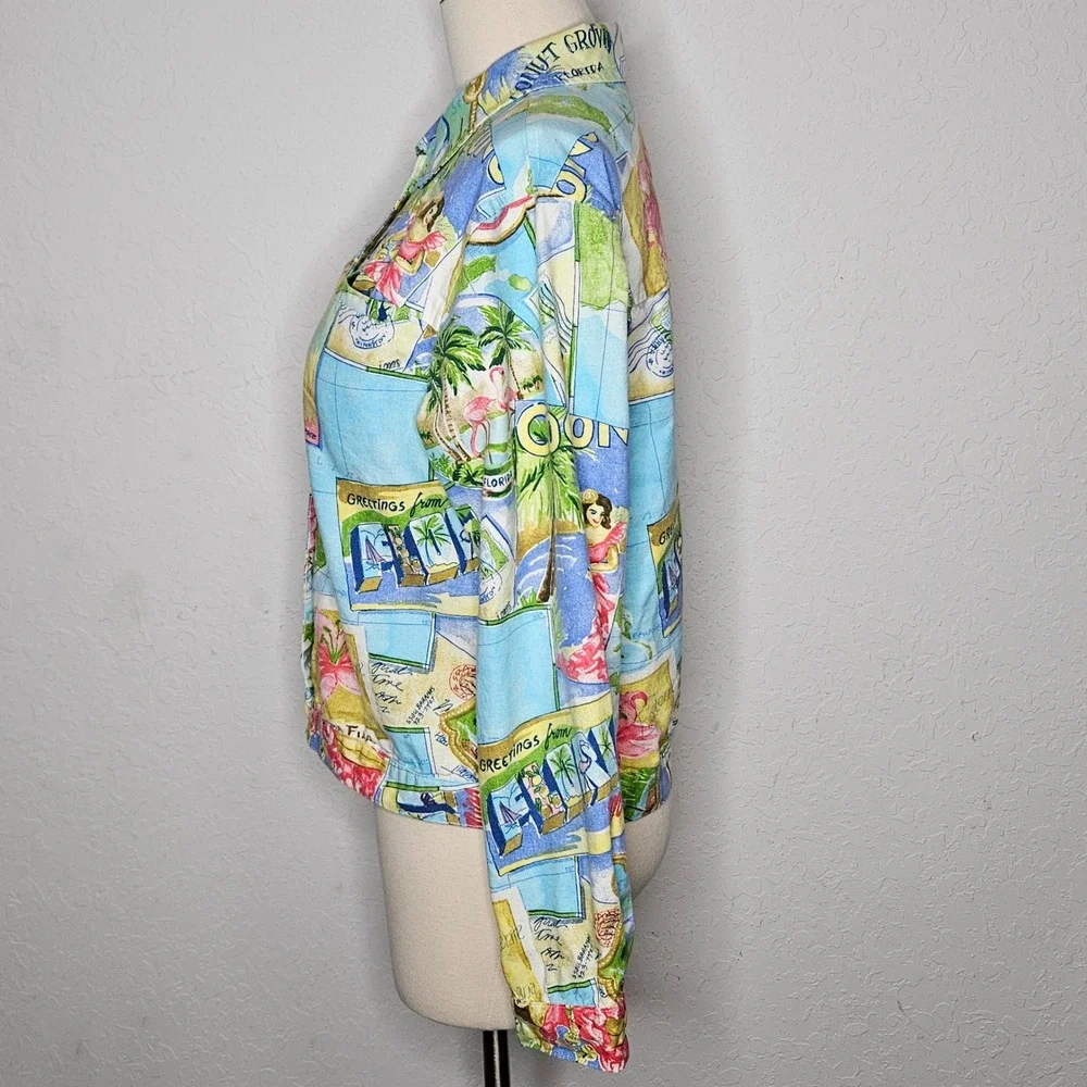 Alexis & Avery Women's Tropical Postcard Print Cotton Button Up Jacket Small